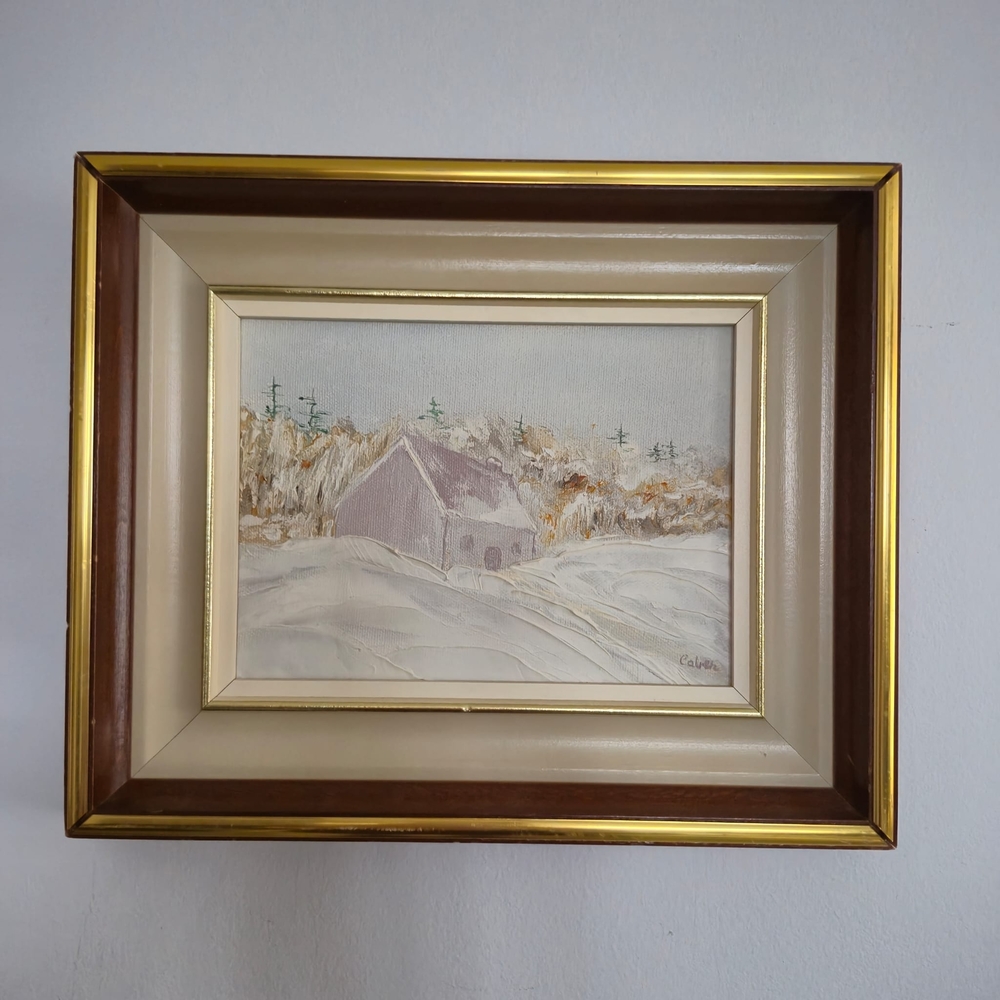 Signed Calder Oil Painting | Vintage Snowy Cabin Impasto Art | Framed Landscape